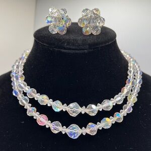 Vintage Necklace & ClipOn Earrings Set 2 Strands w/ Faceted AB Clear Glass Beads